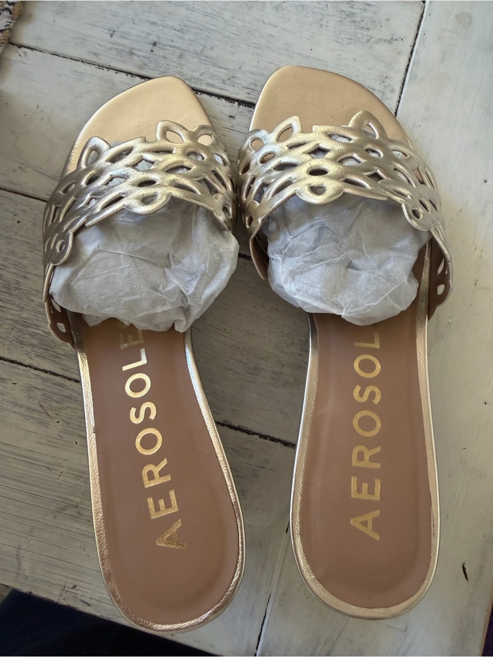 AEROSOLES Women's Metallic Gold Laser-Cut Slide Sandals